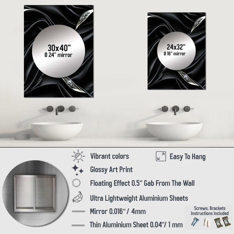 Shina Deep Black Silver Elegance - miroir abstrait, miroir mural décoratif moderne, impression d'art en métal, 32 po x 24 po