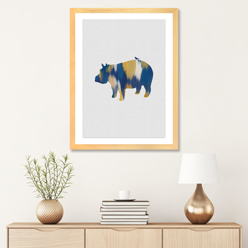 Hippopotame bleu et jaune - impression d'art graphique, Papier encadré de bois naturel, H 32 po x l 24 po x P 1 po