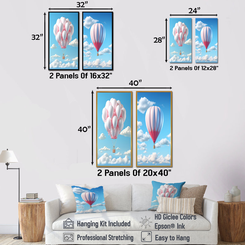 Skyhigh Balloon Whimsy - montgolfière, ensemble de 2 impressions sur toile, H 28 po x l 25 po, Toile tendue