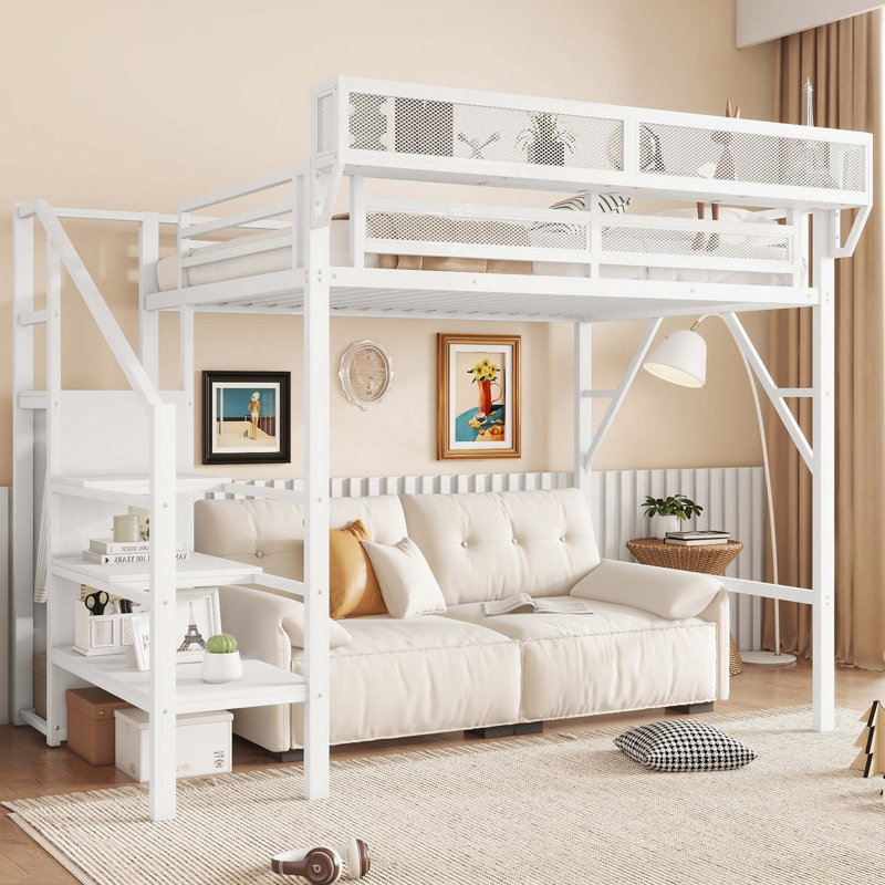 Lit mezzanine simple en métal avec rangement pour escalier intégré et garde-robe, Blanc