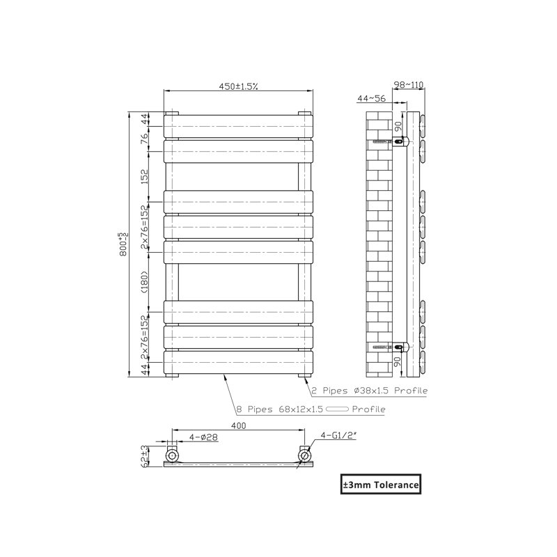 Flat Panel Heated Towel Rail Radiator Bathroom Warmer, 80cm H x 45cm W x 6.2cm D, White