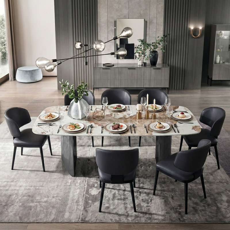 Table de salle à manger en pierre frittée moderne de 78,7 po pour 6 à 8 personnes Hugette, Gris