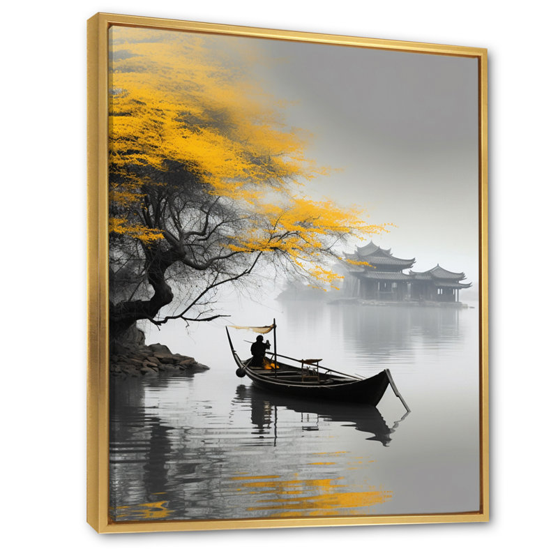 Art asiatique, bateau jaune, monochrome, H 32 po x l 16 po x P 1 po, Toile avec cadre flottant or