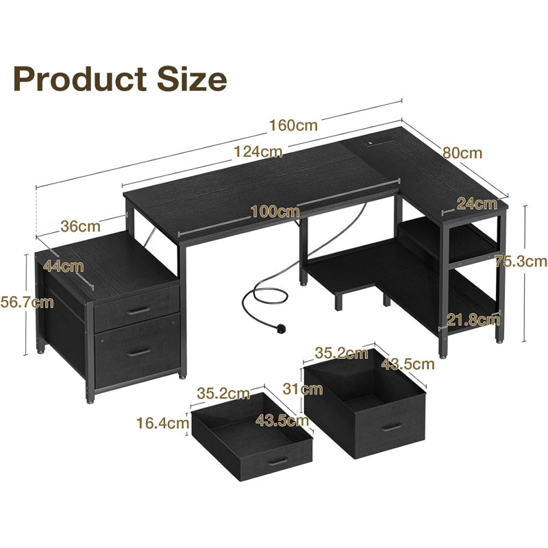 L-Shaped Metal Base Computer Desk with Power Outlet, 160
