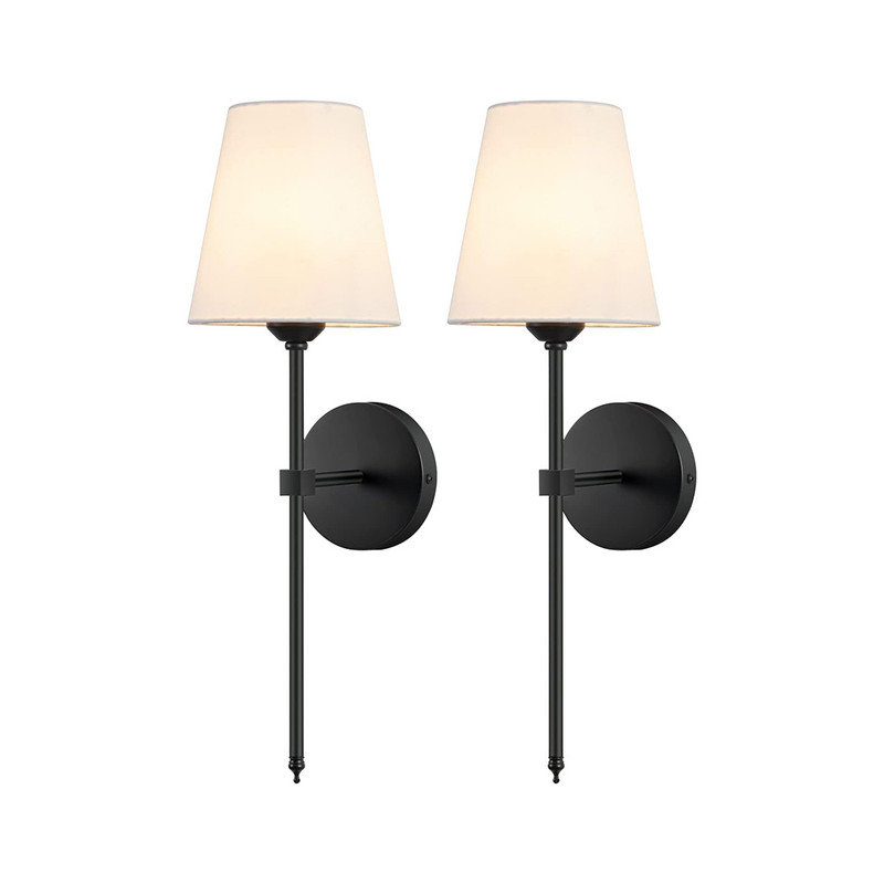Black Metal Vanity Wall Sconces with White Fabric Shade