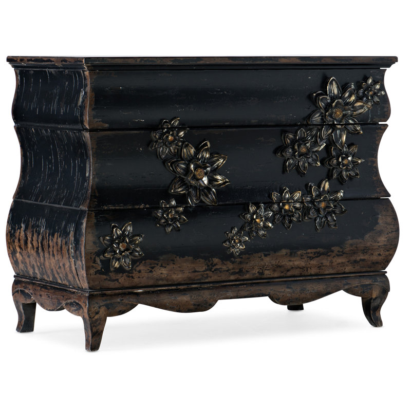 Black Distressed Three-Drawer Chest with Floral Accents