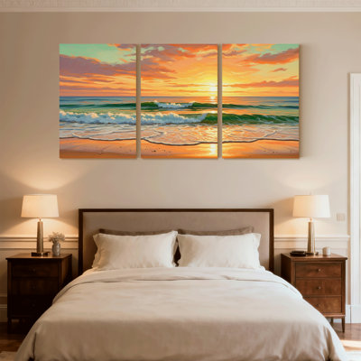 Nautique et plage coucher de soleil océan vagues plage ciel horizon couleurs ensemble de 3 impressions d'art sur toile