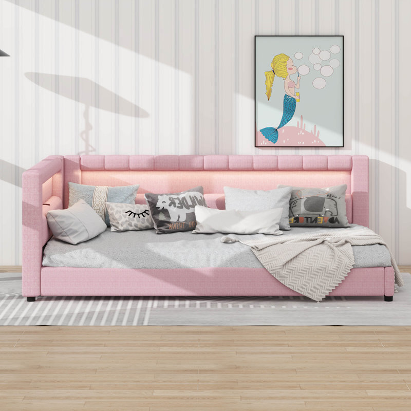 Upholstered Daybed With Storage, L-Shaped Daybed With LED Belt And USB Ports, Full XL, Pink