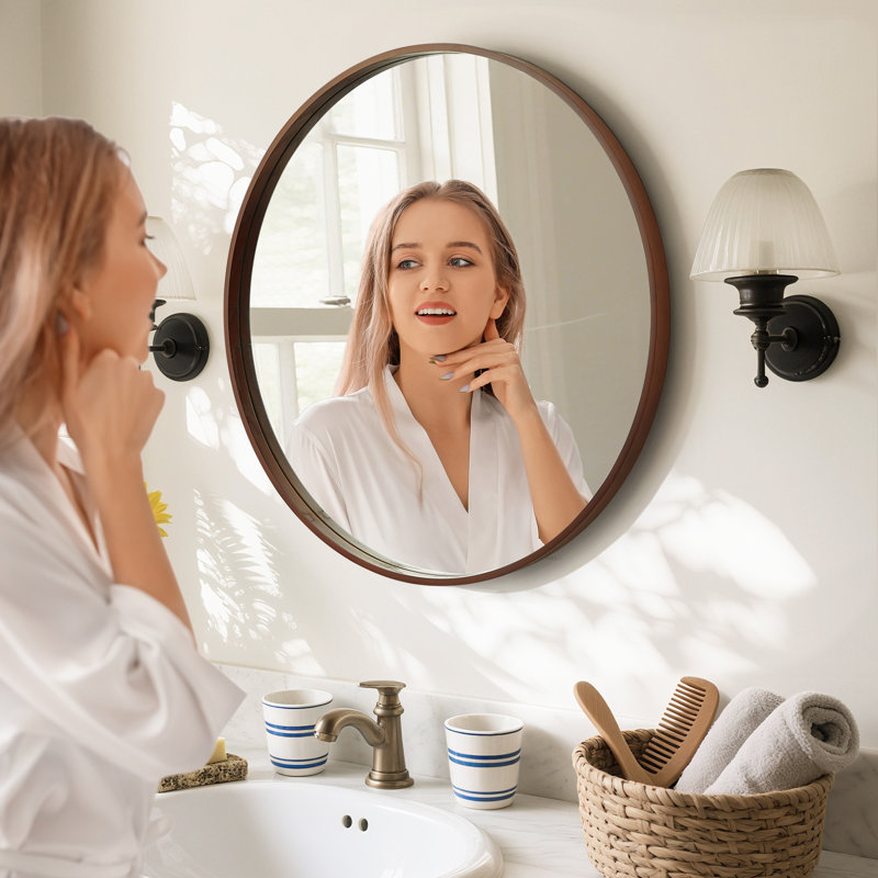 Karrina Accent Wood Round Mirror, 24" x 24", Walnut
