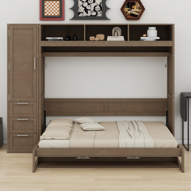 Lit escamotable avec garde-robe, tiroirs et tablettes ouvertes Murphy