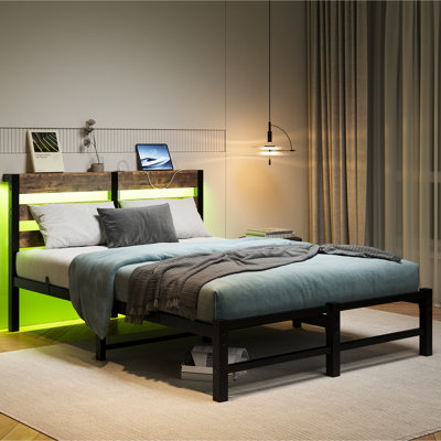 Metal Bed Frame With Rustic Brown Headboard And Wooden Slats, Full Size, Strong Dependable, No Box Spring, Silent, Storage, Lights, & Wood In Hue. , Shelf. Steady, Quiet, Spring. Suits All Mattress