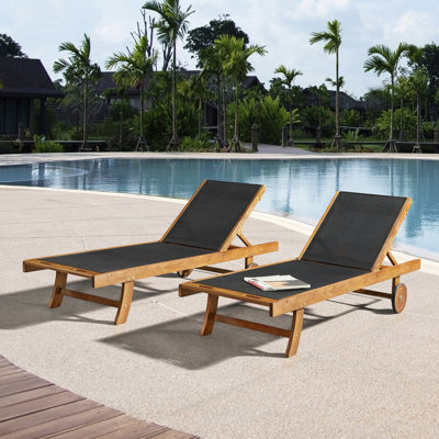 Caspian Eucalyptus Wood Outdoor Lounge Chair with Mesh Seating, Set of 2