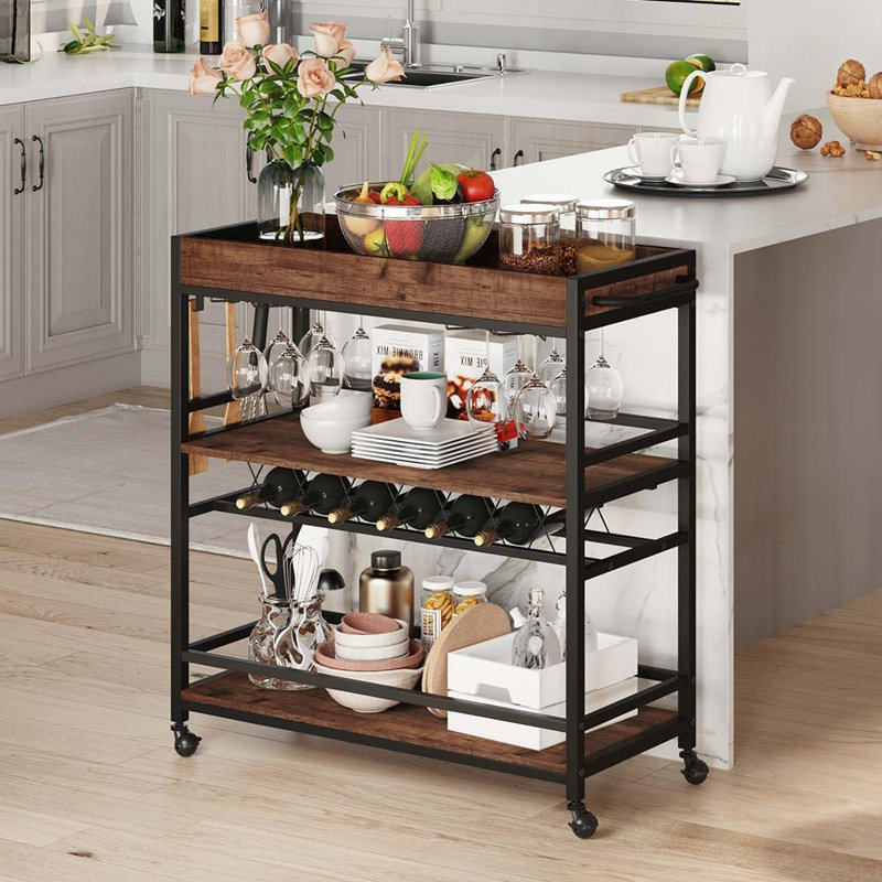 Cart For The Home, Rolling Home Bar Serving Cart On Wheels, 3 Tier Liquor Beverage Carts With Wine Rack And Glass Holder 