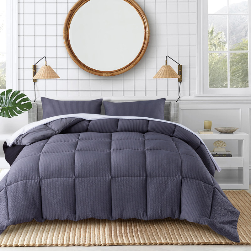 Box Stitch Comforter Set, Gray, Queen Comforter + 2 Standard Shams