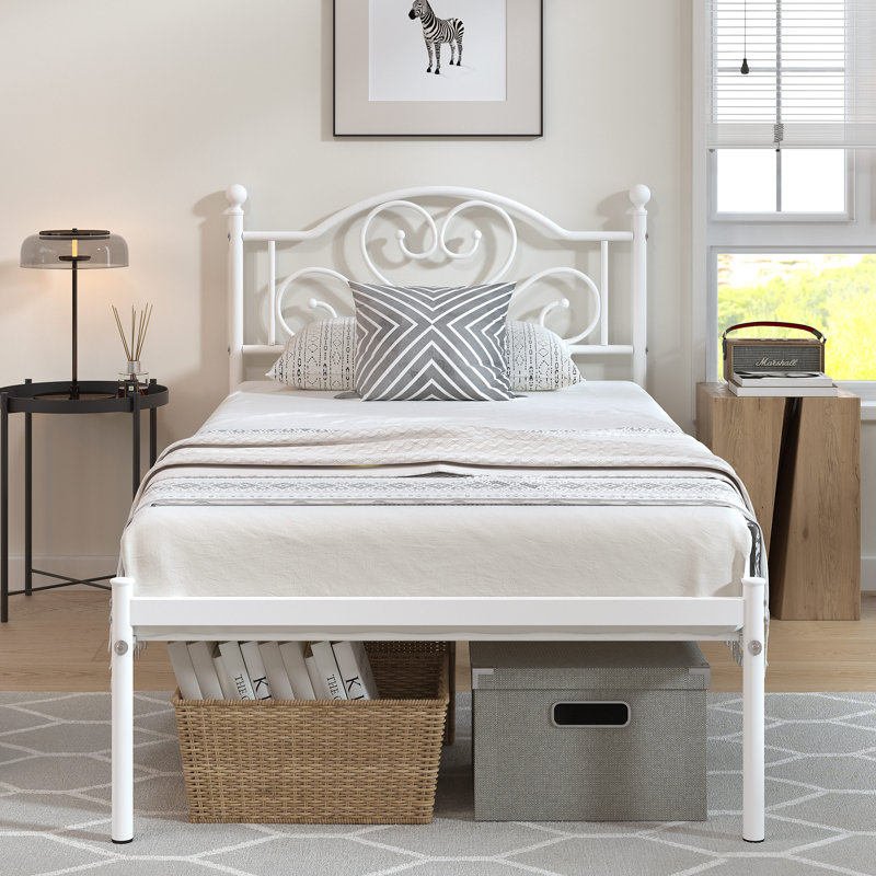 Lit plateforme en métal avec tête de lit, Blanc, Simple