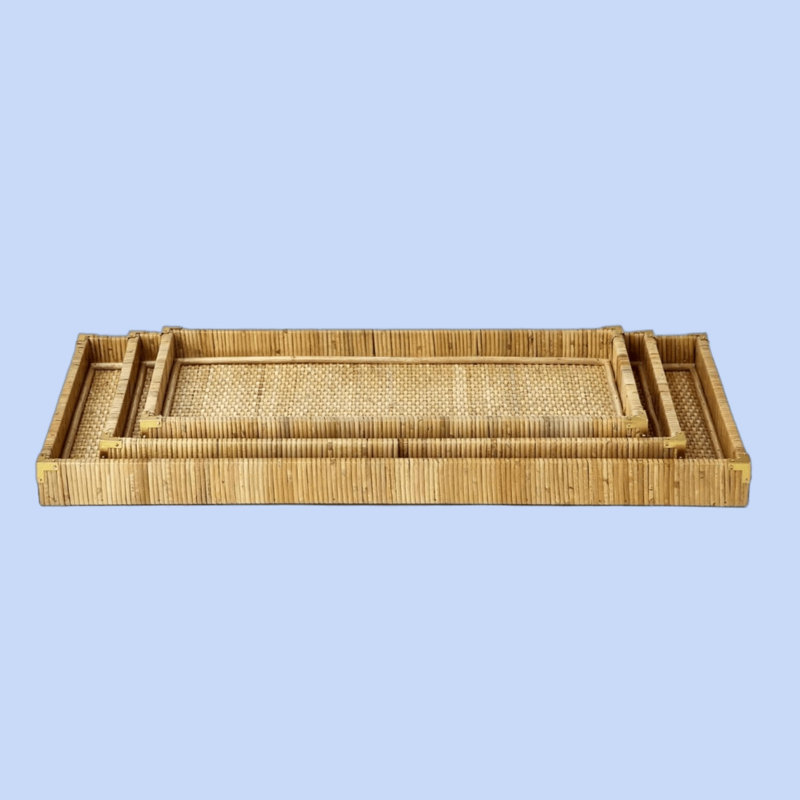 Ensemble de 3 plateaux en rotin naturel avec coins en laiton l 27,5 po