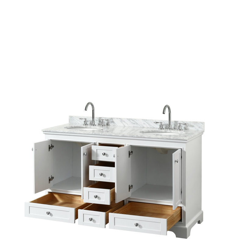 Deborah 60'' Double Bathroom Vanity with Marble Top, White, Polished Chrome