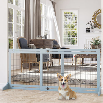 Barrière autoportante pour animaux de compagnie - l 72 po x H 26,75 po, bleu-gris, réglable pour les animaux de compagnie, fabrication en bois et en acier, bloque efficacement les entrées, barrière de processus d'installation simple, enceinte de protection, maison
