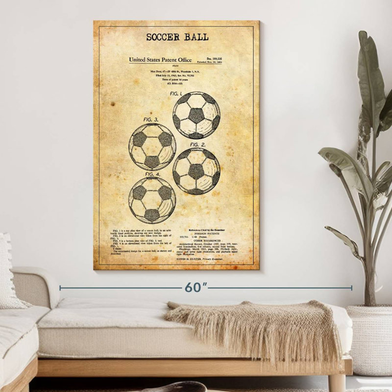«Vintage Soccer Ball Brevet», reproduction sur toile, H 51 po x l 34 po x P 1,25 po