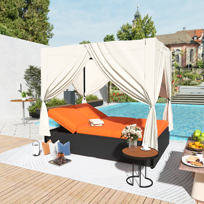 Lit de jour de patio en osier avec rideaux et coussins orange, mobilier d'extérieur avec sièges réglables, Orange