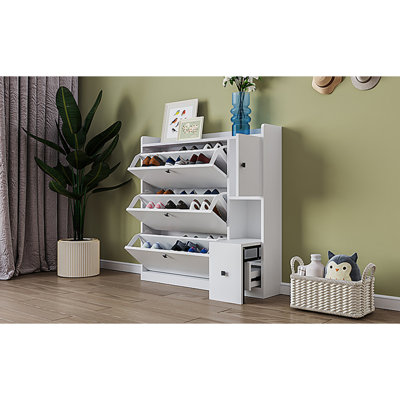 ONTREND Versatile Tipping Bucket Shoe Cabinet With 3 Flip Drawers, Maximum Storage Entryway Organizer With Drawer, Free Standing Shoe Rack With Pulldown Seat For Hallway, White