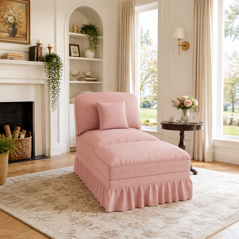 Canapé et repose-pieds 1 place en chenille rose avec accoudoirs à volants amovibles
