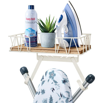Ironing Board Hanger Wall Mount - Laundry Room Decor Iron And Ironing Board Holder With Large Storage Wooden Base Basket And Removable Hooks