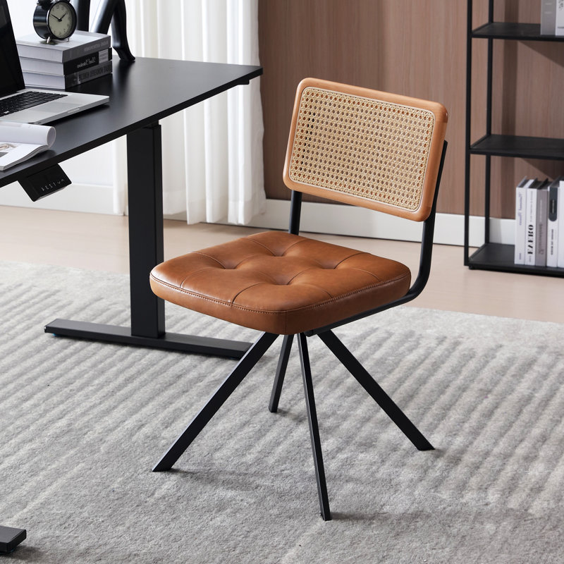 Markwart Mid-Century Modern Swivel Task Chair with Rattan Low Back Tufted Seat and Black Steel Frame, Brown