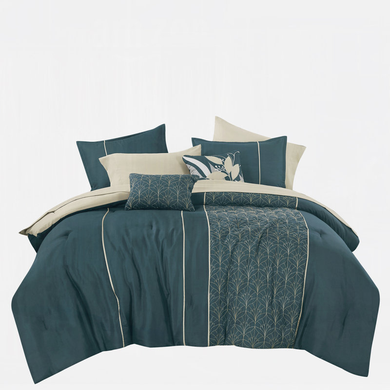 Ensemble d'édredon brodé sarcelle et beige 9 pièces avec draps et coussins décoratifs
