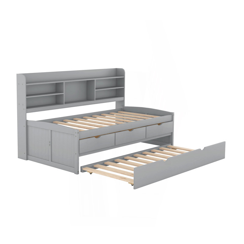 Lit capitaine simple en bois avec étagères intégrées, Gris