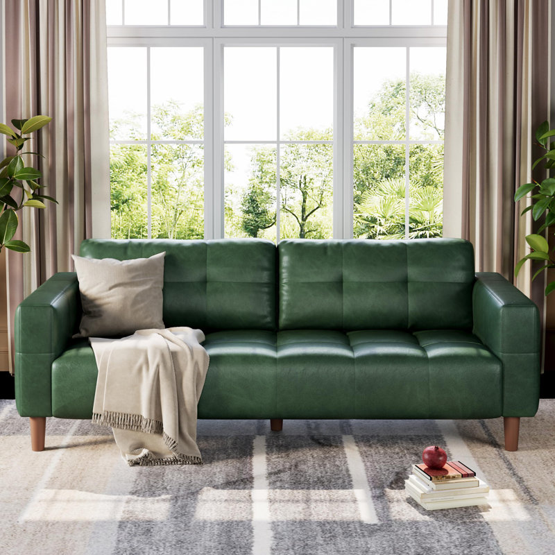 3-Seater Sofa Couch, 83 in Wide Faux Leather Sofa Couch with Spring Cushion, Modern Sofa with Deep Seats and 2 Removable Back Cushions, for Living Room, Bedroom, Apartment, Office, Green