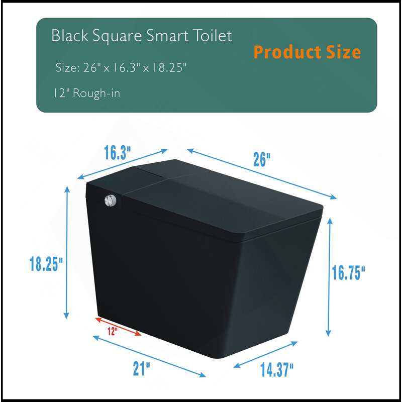 Black Square Smart Toilet With Built-In Tank For Bathroom, Remote Control, Tankless Bidet Toilet With Foot Touching Lid Opening, Auto Flush, Heated Seat, LED Digital Display, User Memory, Matte Black