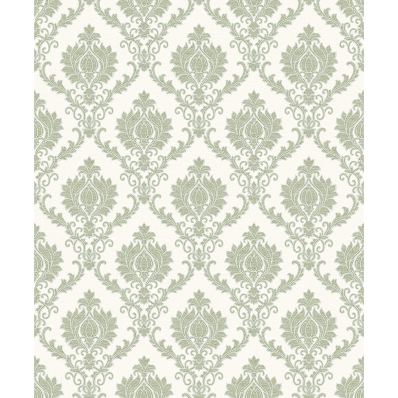 Elgin Italian Damask Design Embossed Satin 10m x 53cm Wallpaper Roll, Green