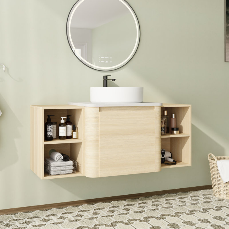 Ensemble de meuble-lavabo mural simple 48 po avec plateau en pierre reconstituée et portes à fermeture en douceur 48 po