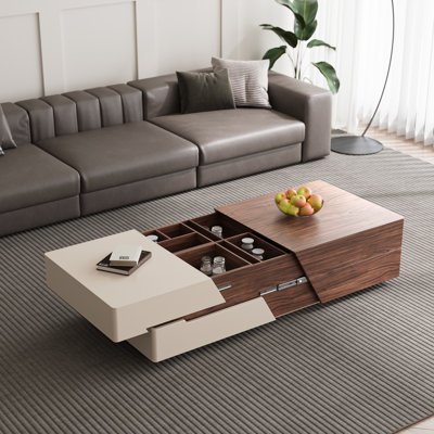 Sankey No-Assembly Required, 51.18‘’-82.67‘’ Extendable Solid Wood Coffee Table With 2 Drawers, 4 Hidden Storges
