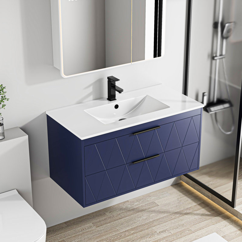 Ensemble de meuble-lavabo mural simple Sharee avec comptoir d'évier, robinet et drain en alliage de zinc, armoire flottante avec tiroirs à fermeture en douceur