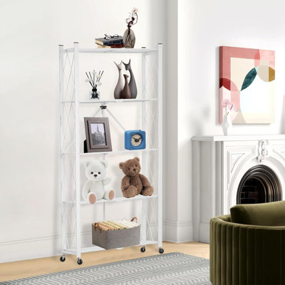 5-Tier Heavy-Duty Folding Shelf With Lockable Wheels, Collapsible Steel Storage Rack For Kitchen, Pantry, Office, And Garage Organization