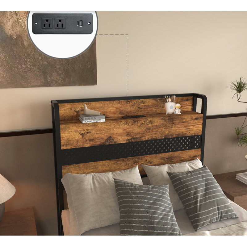 Twin Bed Frame with Storage Drawers and Headboard, Retro Brown/Black