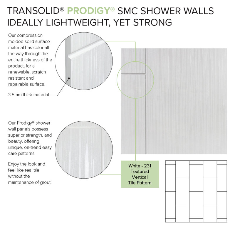 Prodigy 96" High White Solid Surface Shower Wall Kit