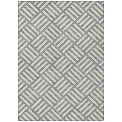 10' X 14' Gray And Ivory Geometric Washable Indoor Outdoor Area Rug