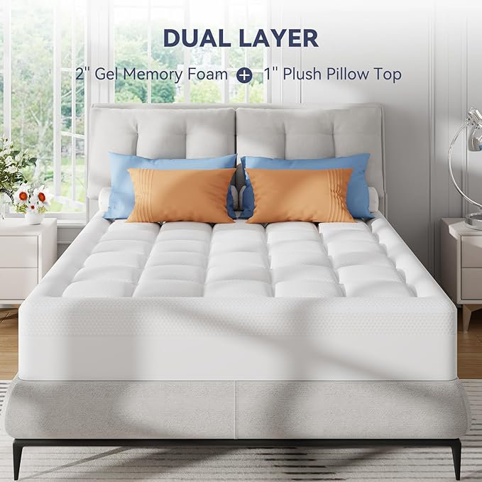 Surmatelas double en mousse viscoélastique 3 pouces, mousse viscoélastique gélifiée rafraîchissante 2 pouces et surmatelas en duvet synthétique 1 pouce