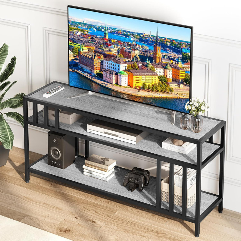65" TV Stand for TVs up to 75", Rustic Industrial Entertainment Center with 3-Tier Open Shelves & Metal Frame, Gray