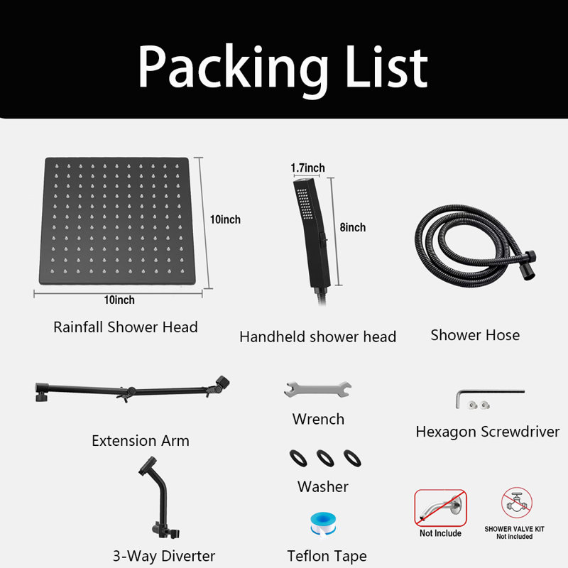 10 Inch All Metal Rain Shower Head With Handheld Built-In Power Wash Mode, With 16" Adjustable Extension Arm, Black
