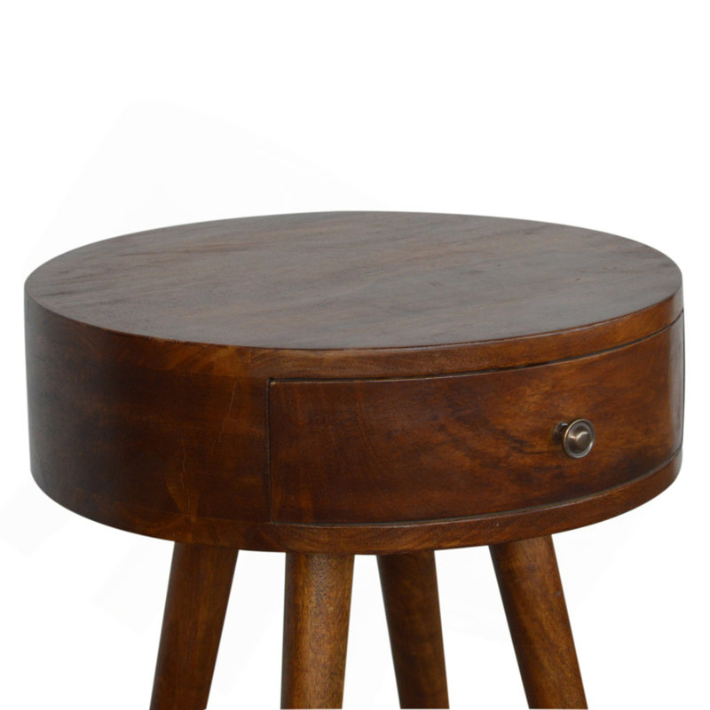 Table de chevet circulaire Nordic Chestnut, pieds nordiques, 1 tiroir