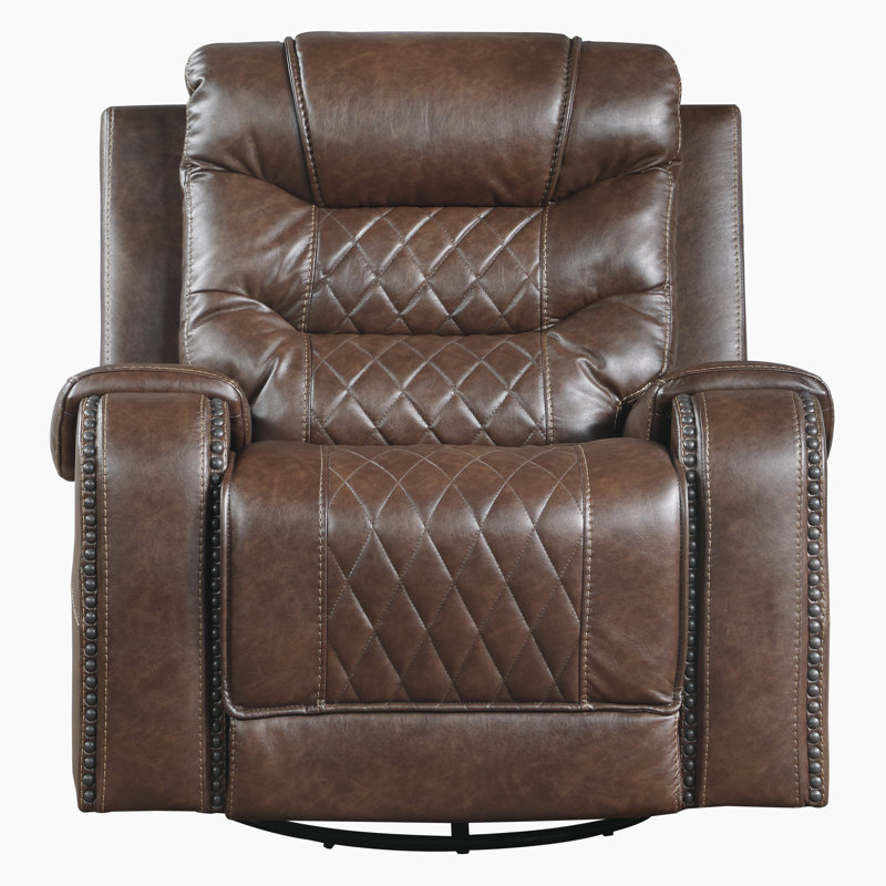 Denby 40" Traditional Faux Leather Manual Swivel Glider Recliner with 360-degree swivel motion, Sophisticated Nailhead Trim