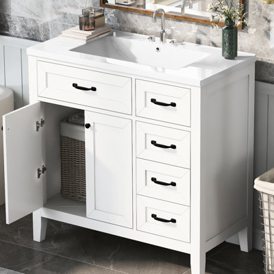 Meuble-lavabo moderne blanc 91 cm (36 po) - Avec lavabo en céramique et tiroirs, meuble-lavabo sur pied, style moderne
