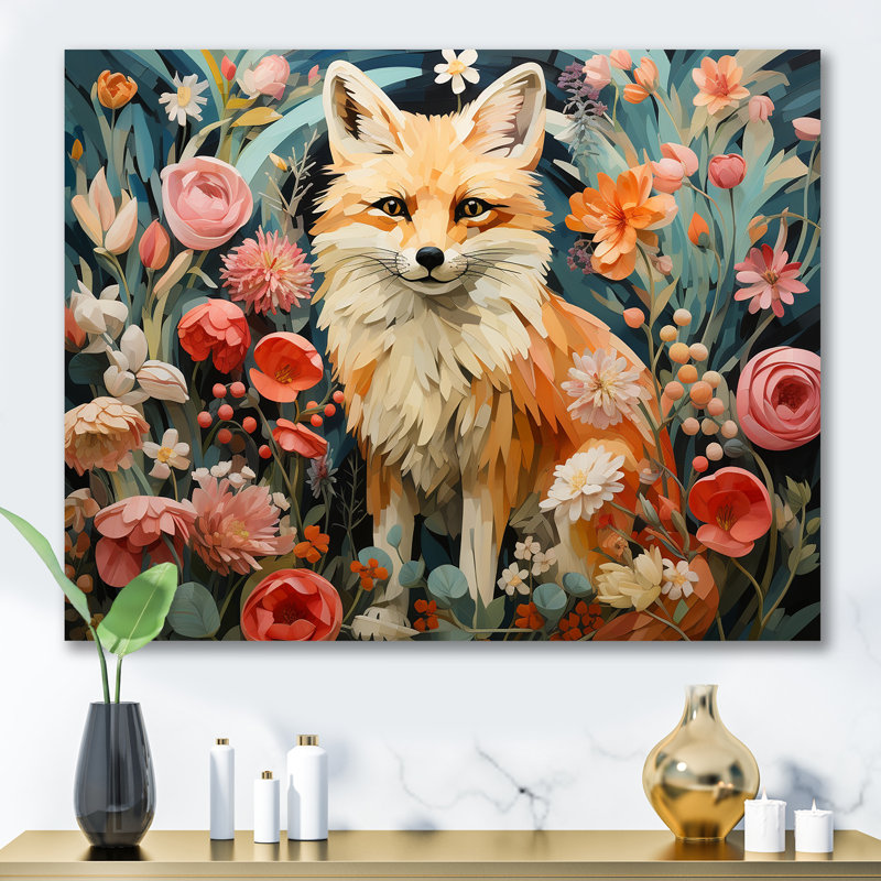 Art mural orange et rose renard dans le style III - renard, Toile tendue, H 34 po x l 44 po x P 1,5 po