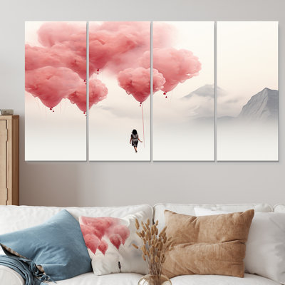 «Rose and White Air Balloon Solitude I - Abstract Landscape», ensemble de 4 pièces d'art mural