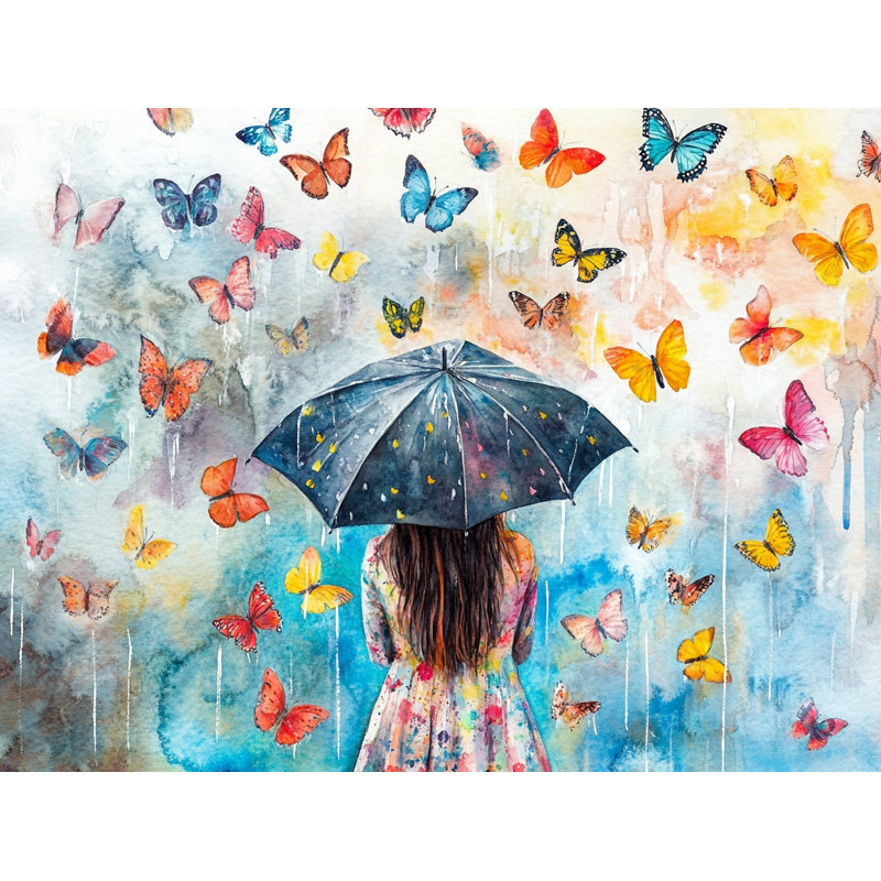 Art sur toile Butterfly Reverie and Umbrella Girl, H 16 po x l 24 po