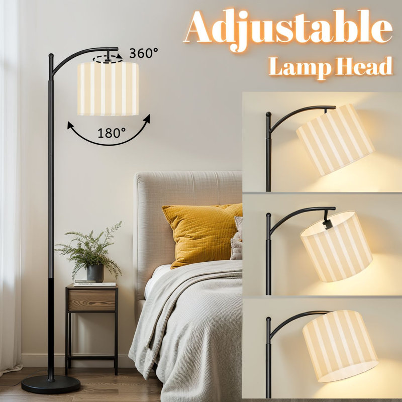 Lampe sur pied à arc avec abat-jour réglable à rayures blanches et beige pour une décoration élégante et élégante